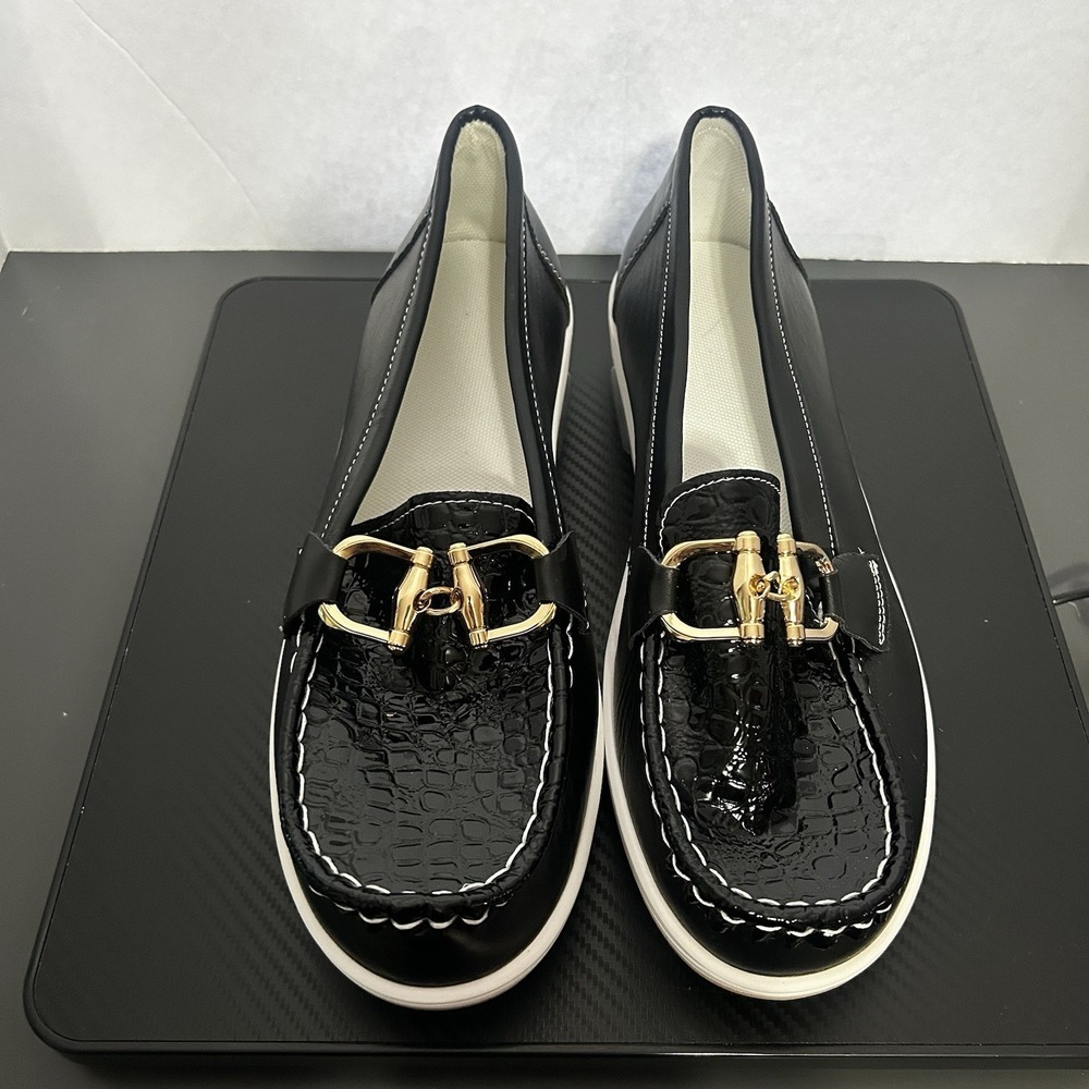 Women's Size 43 (11) Black Flat Crocodile Print Slip-On Shoes Gold Buckle